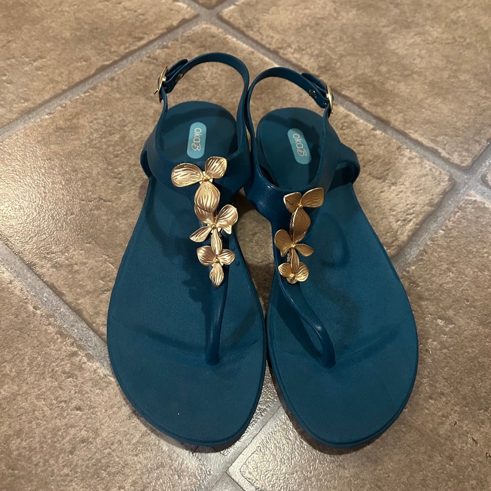 Oka-B Teal Blue Gold Floral Thong Slingback Sandals Womens 9 Made in USA